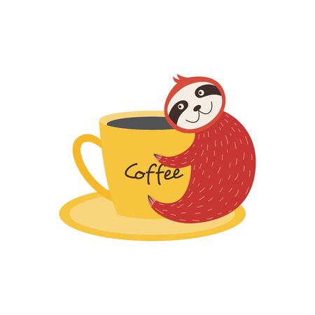Hand drawn vector illustration of a cute funny sloth with cup of coffee isolated object on white background. Scandinavian style flat design concept for print and poster.のイラスト素材