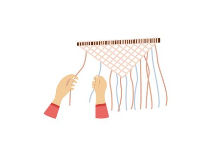 Macrame panel decor in the manufacturing process hobby concept flat vector illustration isolated on white background. Hand made modern Scandinavian interior decoration.のイラスト素材