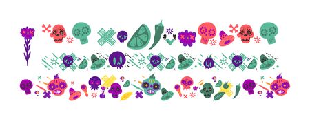 Day of the dead holiday decoration set - colorful repeated line pattern of painted skills, sombrero hats, flowers and other Mexico decor elements, isolated vector illustrationのイラスト素材