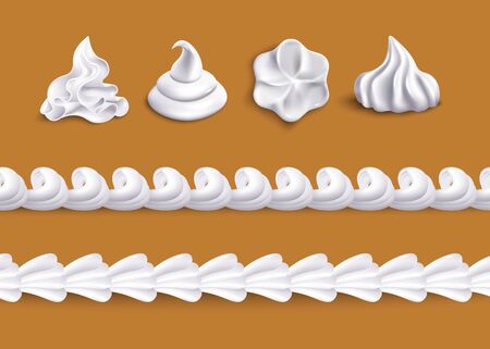 Whipped cream swirl shape topping and horizontal border line shape set isolated on brown background, white realistic dessert icing vector illustrationのイラスト素材