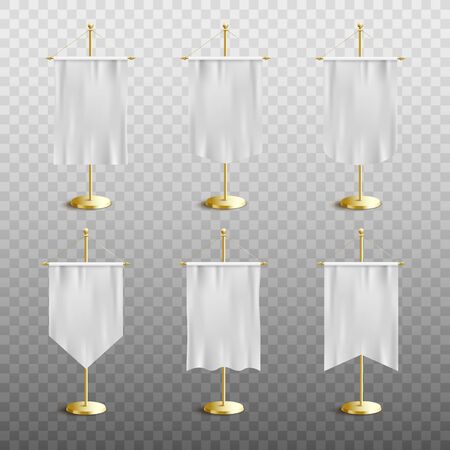 Realistic white medieval pennant display set with blank mockups of silk banner flags with different shapes hanging on golden posts - isolated vector illustrationのイラスト素材