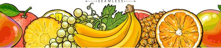 Seamless pattern border with summer fruits such as pineapple and banana vector hand drawn illustration isolated on white background. Endless fruit texture design.のイラスト素材