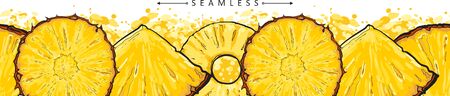 Fresh pineapple seamless border isolated on white background, hand drawn healthy food slices in wide panorama view. Yellow tropical fruit banner - vector illustrationのイラスト素材