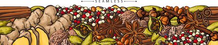 Seamless pattern of spices set sketch vector illustration isolated on white background. Spicy food cooking ingredients such as pepper and cardamom, anise star and cinnamon.のイラスト素材