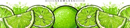 Seamless pattern with citrus kiwi fruits collection sketch vector illustration isolated on white background. Fresh green endless horizontal border for printing.のイラスト素材