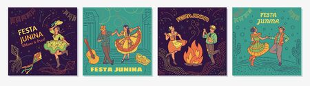 Set of Festa Junina cards or placards with dancing people cartoon characters, colorful sketch vector illustration. Brazilian summer agricultural festival celebration.のイラスト素材