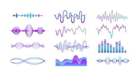 Music sound equalizer set - blue and purple gradient wave lines for audio track frequency motion visual isolated on white background, vector illustrationのイラスト素材