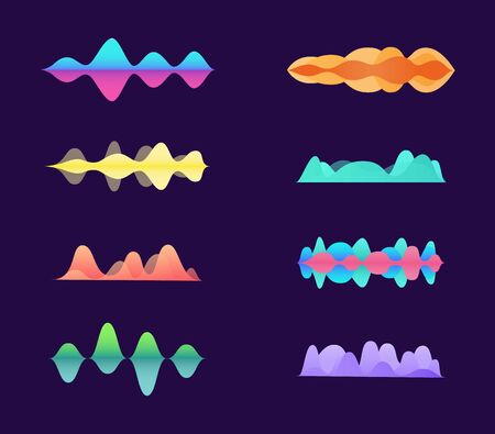 Music sound amplitude waves and curves set in neon colors vector illustration isolated on dark background. Audio digital equalizer console abstract lines or music pulse.のイラスト素材