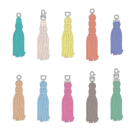 Hand drawn colorful tassel set - isolated flat drawings of textile tassels with metal latches, rope ornament with flowing thread skirt - vector illustrationのイラスト素材
