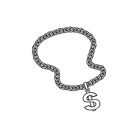 Sketch chunky chain with dollar currency sign in black silhouette icon style. Rap, hip hop music culture symbol, luxury jewelry necklace. Vector isolated illustration.のイラスト素材