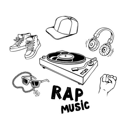 Rap music set with vinyl record player and various rapper style clothes and accessories isolated on white background - hand drawn line vector illustration of urban youth culture elements.のイラスト素材