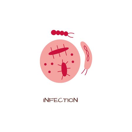 Flat bacterium, virus and microorganism in cell icon. Symbol of laboratory, microbiology and disease. Bio infection, pathogen microbe sign. Vector illustration.のイラスト素材