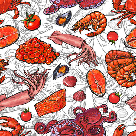 Vector illustration of seafood seamless pattern with various delicacy marine edible animals on white background. Bright colorful hand drawn backdrop with sea food elements.のイラスト素材
