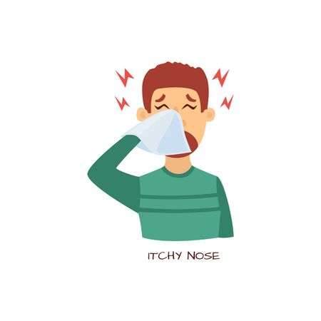 Unhappy man suffering from itchy nose holding napkin. Sick male character with allergy. Unwell person with disease. Vector illustration.のイラスト素材