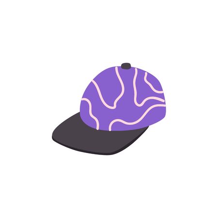 Flat hip hop, rap style purple cap in hand drawn icon style. Baseball sport clothing, fashion accessory. Vector isolated illustration.のイラスト素材