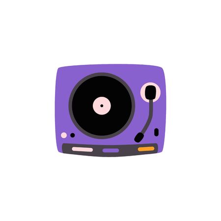 Flat purple vintage vinyl player with needle or dj club turnable equipment icon. Retro sound equipment, musical playing tool for party. Vector illustrationのイラスト素材