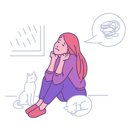 Sad lonely girl sitting on the floor alone isolated on white background - cartoon woman with upset face, messy speech bubble and cats.のイラスト素材