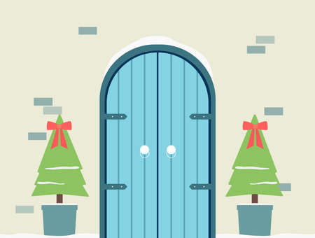 House front with wooden doors and Christmas trees in pots, flat illustration. Holiday winter background or layout for festive greeting cards and invitations.のイラスト素材