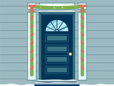 Holiday elegant doorway with green Christmas garland, flat vector illustration. Festive decoration for winter celebrations background template for banners and cards.のイラスト素材