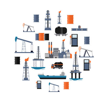 Oil industry poster with factory buildings, drilling machinery and cargo transport in circle shape isolated on white background. Industrial flat vector illustration.のイラスト素材