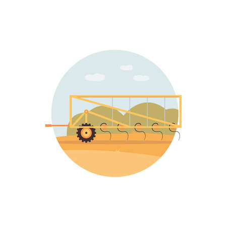 Yellow plough on crop field - farm agriculture machine plowing the soil. Cartoon plow machine on wheels ploughing in rural area, flat vector illustration.のイラスト素材