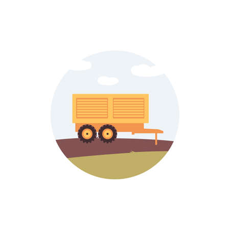 Yellow truck semi trailer from side view - agriculture harvest collector machine part on wheels. Flat vector illustration of farm machinery on summer field.のイラスト素材