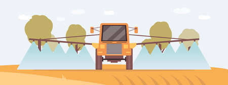 Irrigation tractor or fertiliser spreader machine in crop field spraying water or fertilizer on...