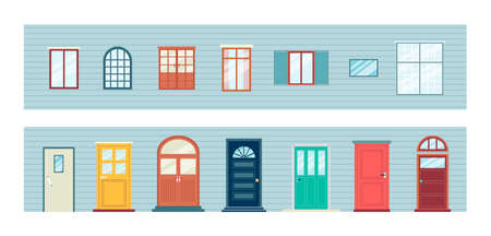 Set of interior and front wooden doors and windows frames icons, flat vector illustration isolated on blue background. House building architectural elements collection.のイラスト素材