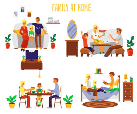 Family members spending time at home together, flat vector illustrations set isolated on white background. Family home activity and recreation scenes with children.のイラスト素材