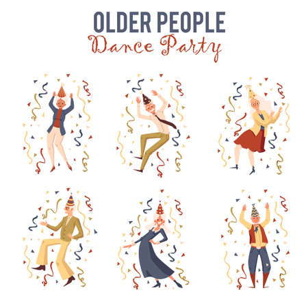 Older people dance party cartoon characters set, flat vector illustration isolated on white background. Happy elderly senior men and women celebrating party.のイラスト素材