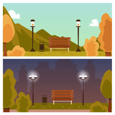 Set of day and night autumn landscape backgrounds, flat vector illustration. Bench with lanterns in park scenery among yellow trees and hills in fall season.のイラスト素材