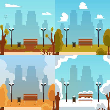 Set of four seasons square banners set flat vector illustration. City park landscape with bench and urban skyline in winter and summer, autumn and spring.のイラスト素材