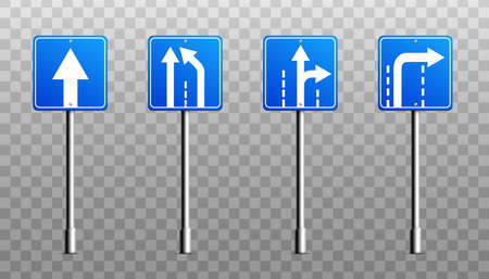 Set of square blue sign boards or metal signage with direction arrows, realistic illustration isolated on transparent background. Road signs collection.のイラスト素材