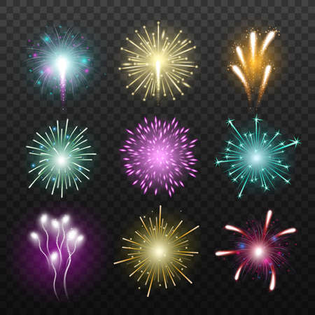 Realistic colorful firework set - holiday celebration decorations isolated on dark transparent...