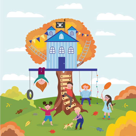 Summer landscape with little children playing around tree house, flat vector illustration. Kindergarten kids cartoon characters having fun on playground outdoors.のイラスト素材