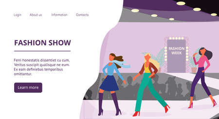 Fashion show web site banner template with women cartoon characters, flat vector illustration. Clothes collection presentation advertising poster or landing page.のイラスト素材