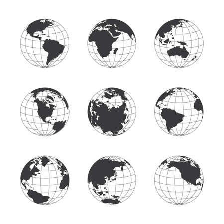 A collection of nine globes depicting a planet with continents and oceans. Graphic black and white set of images of the globe. Vector illustrations isolated on a white background.のイラスト素材