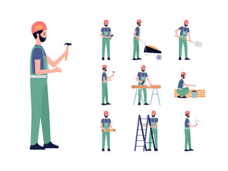 Set of builder or construction worker man cartoon character working at a construction site and busy with building, flat vector illustration isolated on white background.のイラスト素材