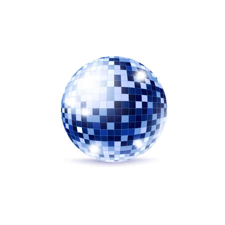 Blue mirror disco ball with burst lights template, realistic vector illustration isolated on white background. Sphere object for retro party banners and invitations.のイラスト素材