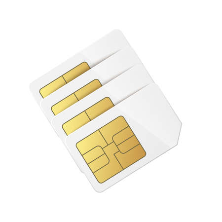 Mobile SIM card stack isolated on white background - blank white phone card mockups with golden...