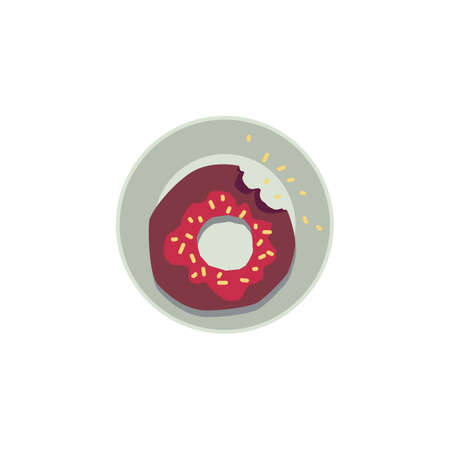 Chocolate donut with bite mark, red glaze and yellow sprinkles lying on a plate seen from top view - flat sticker isolated on white background. Cute dessert food vector illustration.のイラスト素材