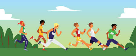 Running marathon in summer nature - flat banner with male runners in sport clothes sprinting for...