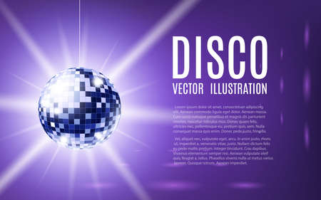 Abstract background template with silver disco ball rays and mirror reflections, realistic vector illustration. Mockup of retro music club banner or poster.のイラスト素材