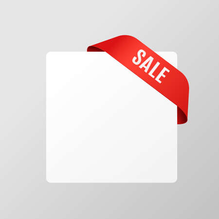 Sale banner template with red ribbon wrapping corner of blank white sheet, realistic vector illustration isolated on grey background. Advertising flyer or poster mockup.のイラスト素材