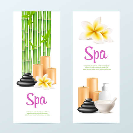 Set of cards for SPA salon massage and relaxation beauty procedures, realistic vector illustration on white background. Aromatherapy and body care banners design.のイラスト素材