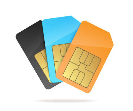 Mobile phone sim cards or cellular telephone gsm micro chips template realistic vector illustration isolated on white background. Wireless telecommunication technology.のイラスト素材