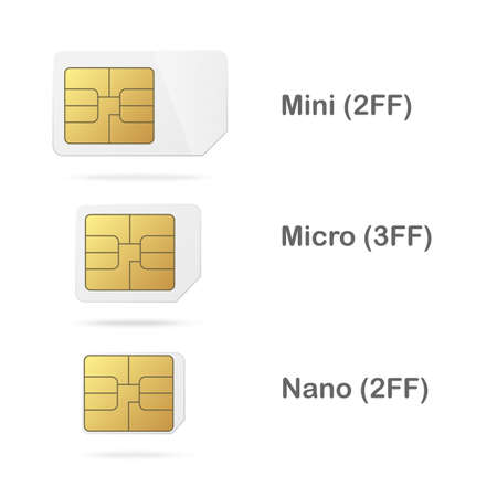 Set templates of mini, micro and nano sizes of mobile phone sim cards, realistic vector illustration isolated on white background. Electronic microchips mockup.のイラスト素材