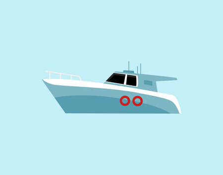 Motor sea travel boat cartoon icon, flat vector illustration isolated on blue background. Nautical vessel - speed motorboat or travel yacht sign or symbol.のイラスト素材
