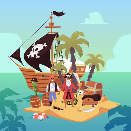 Pirate ship on treasure island - cartoon pirates standing on tropical sea island with gold chests, palm trees and weapons. Colorful poster - vector illustration.のイラスト素材