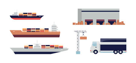 Cargo ship and other import transport set - industrial ships loaded with containers, warehouse, crane and truck isolated on white background. Flat vector illustration.のイラスト素材